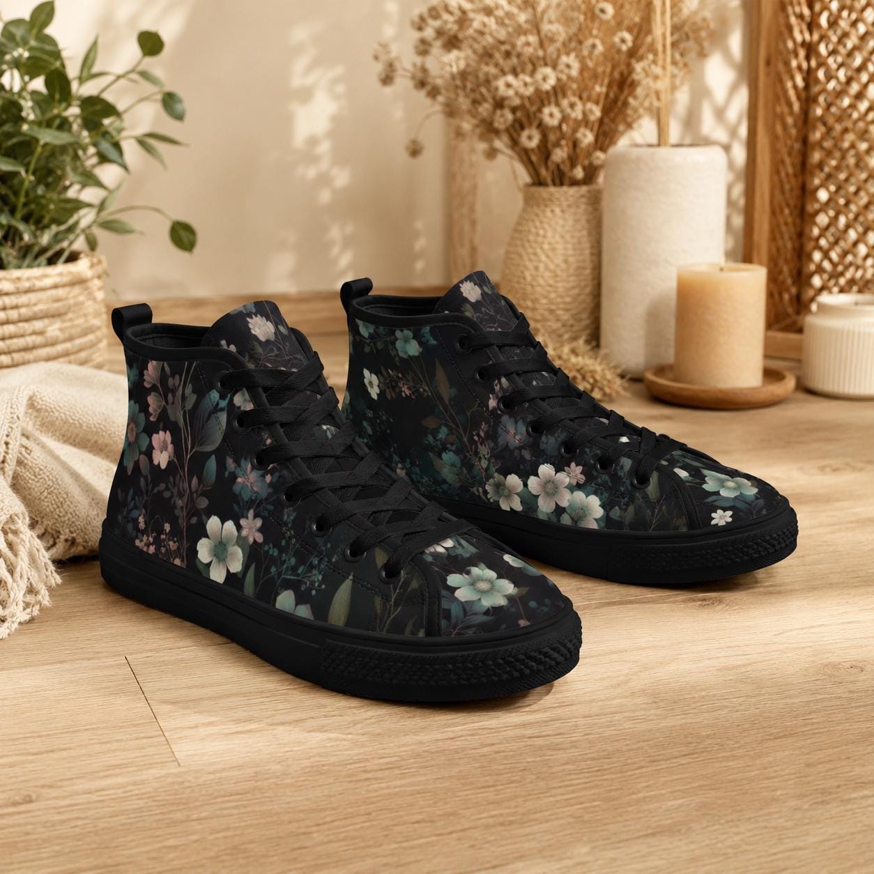 Dark Floral High Top Sneakers, Botanical Print Canvas Lace Up Shoes