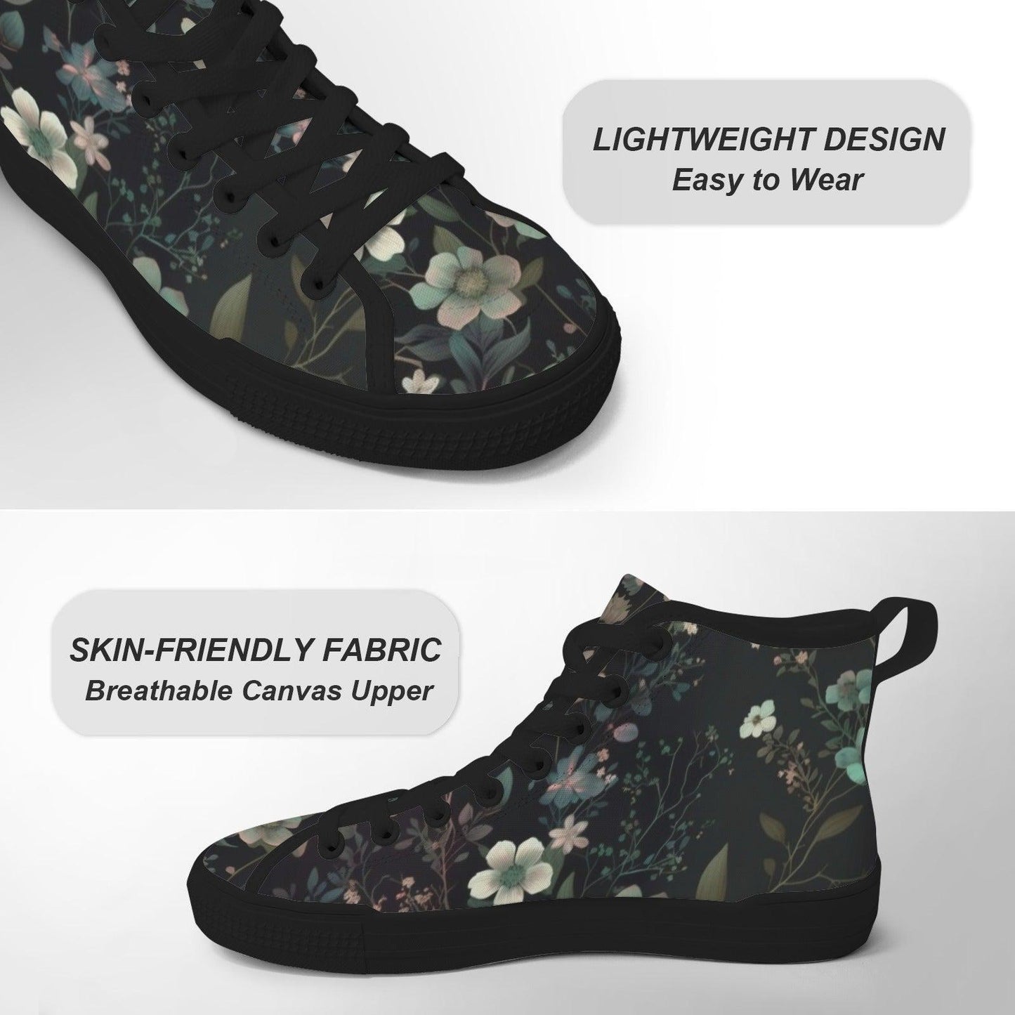Dark Floral High Top Sneakers, Botanical Print Canvas Lace Up Shoes