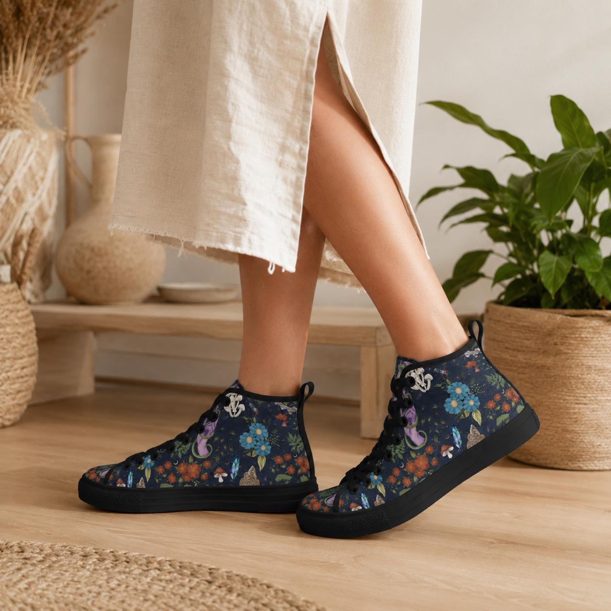 Mushroom Floral High Top Sneakers, Forest Witch Canvas Shoes, Cottagecore Festival Footwear