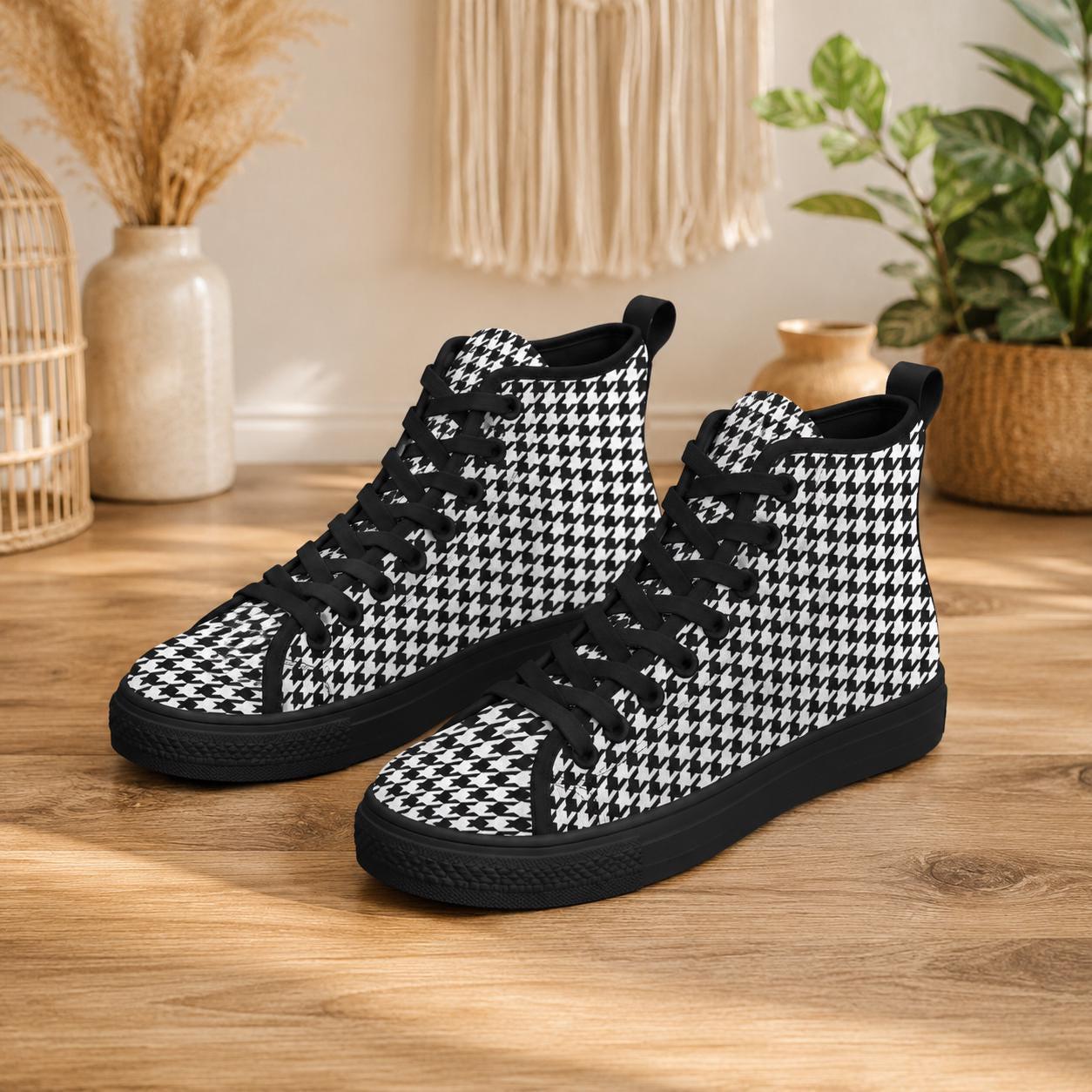 Houndstooth High Top Sneakers, Black White Retro Lace Up Shoes