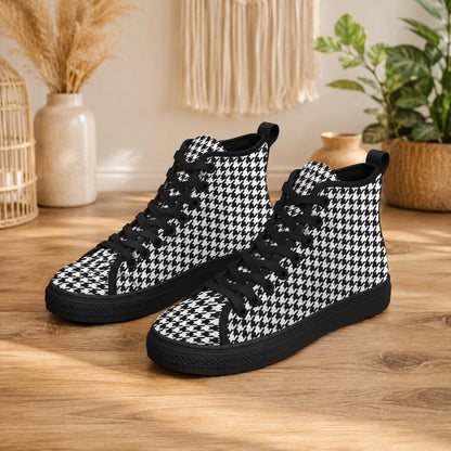 Houndstooth High Top Sneakers, Black White Retro Lace Up Shoes
