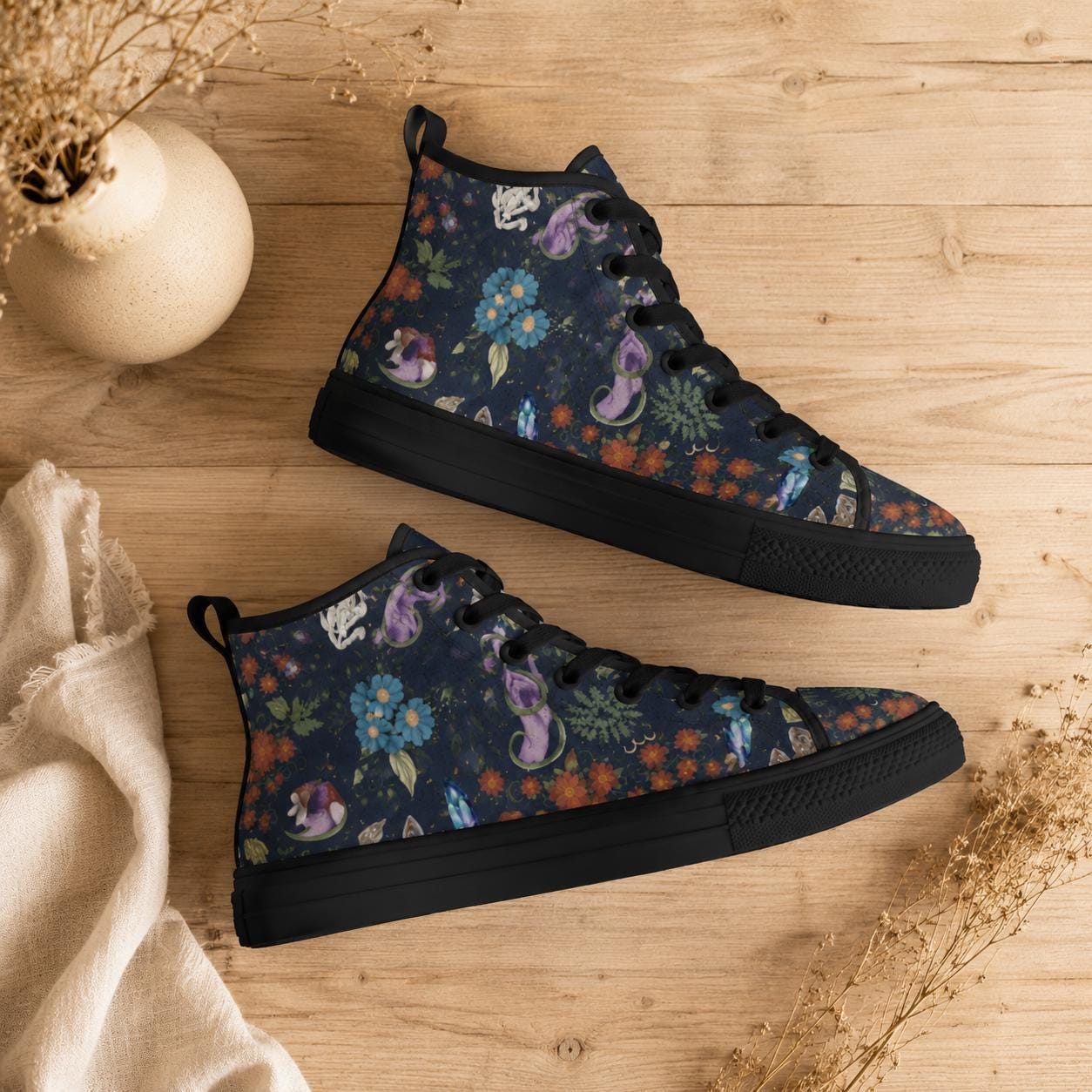 Mushroom Floral High Top Sneakers, Forest Witch Canvas Shoes, Cottagecore Festival Footwear