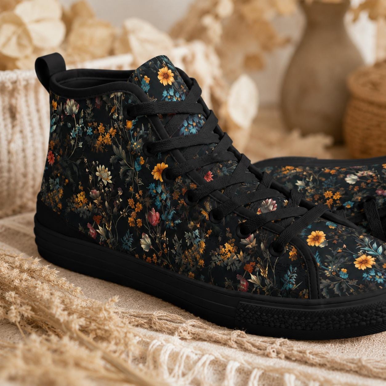 Black High Top Wildflower Sneakers, Meadow Floral Canvas Lace Up Shoes