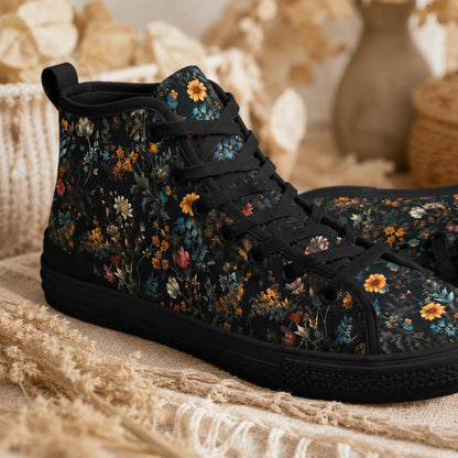 Black High Top Wildflower Sneakers, Meadow Floral Canvas Lace Up Shoes