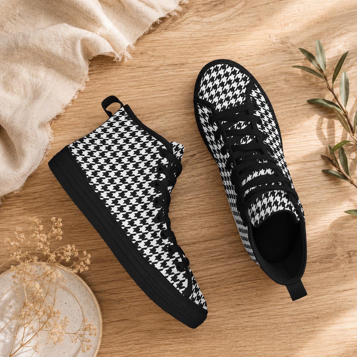 Houndstooth High Top Sneakers, Black White Retro Lace Up Shoes