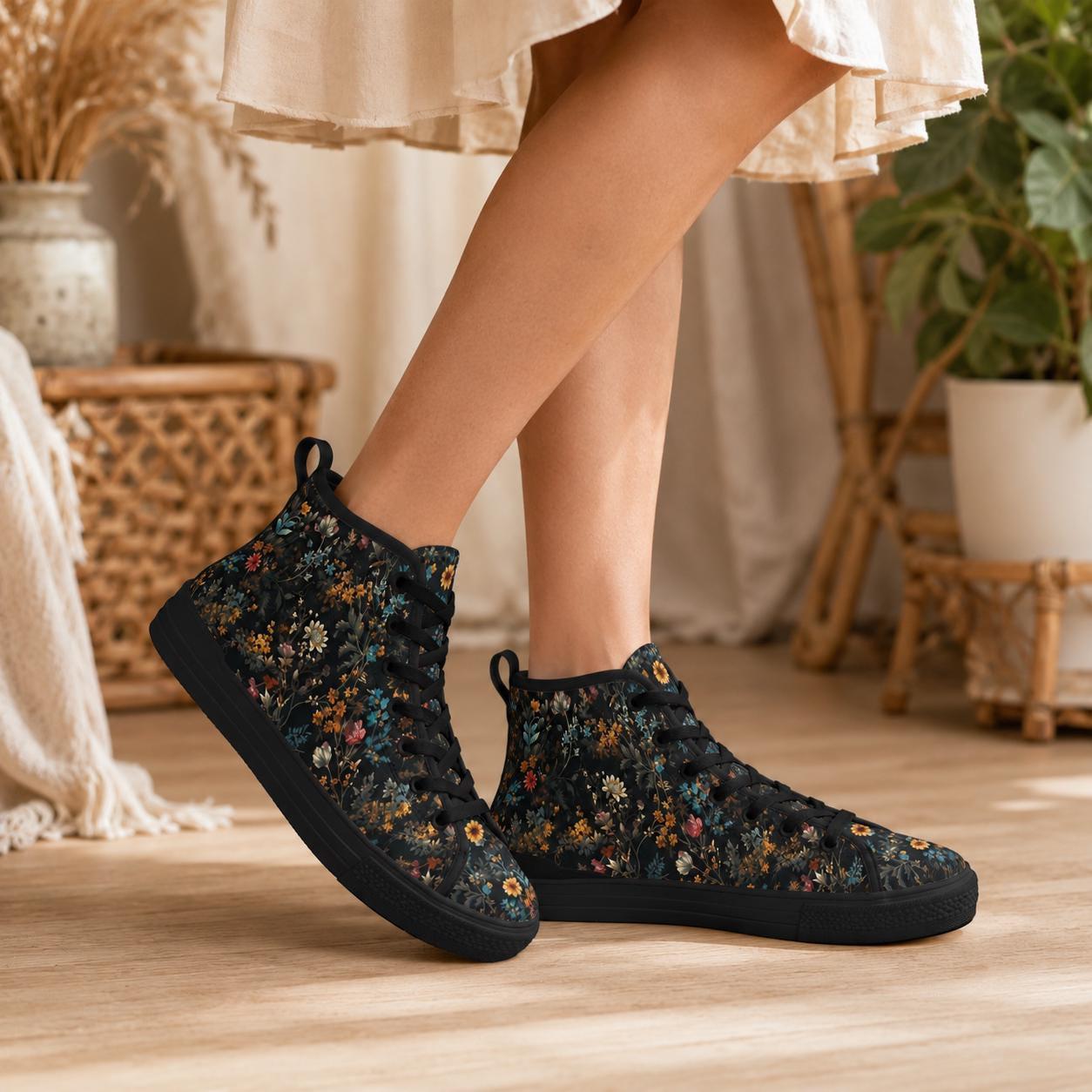 Black High Top Wildflower Sneakers, Meadow Floral Canvas Lace Up Shoes