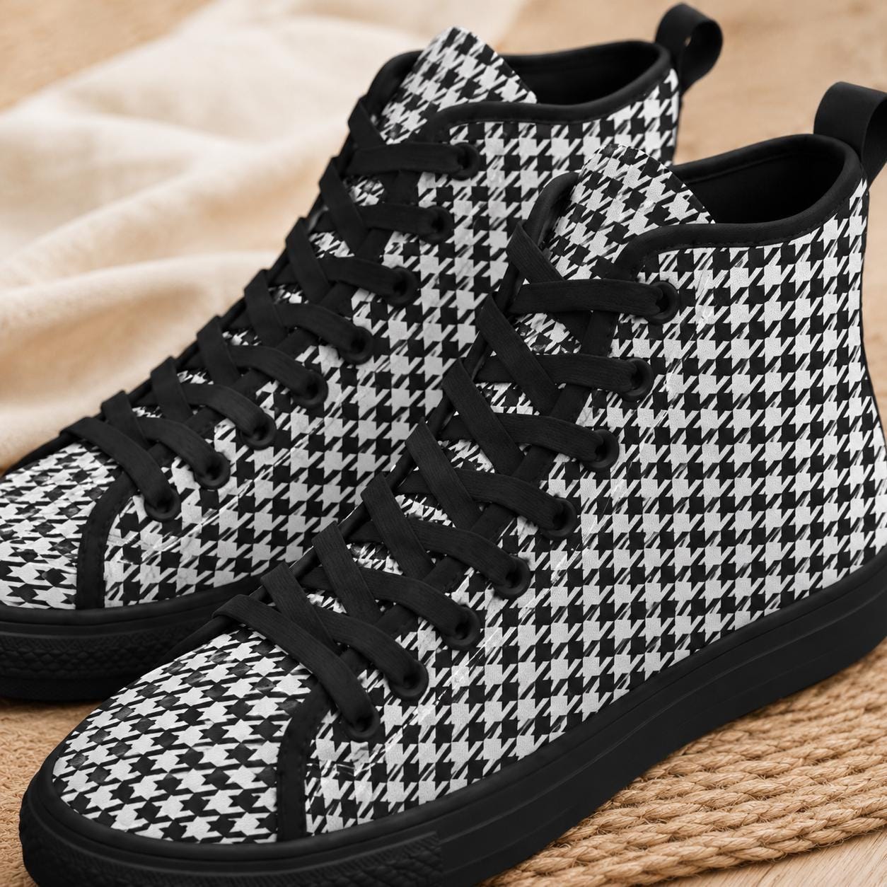 Houndstooth High Top Sneakers, Black White Retro Lace Up Shoes