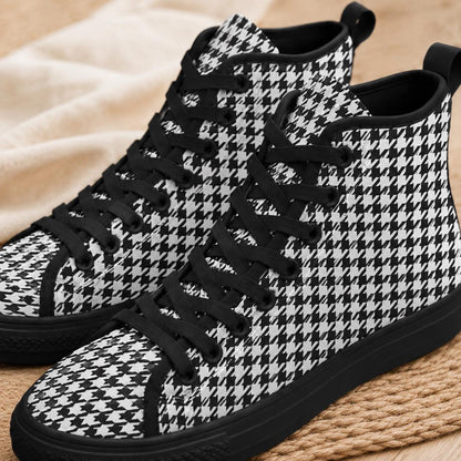 Houndstooth High Top Sneakers, Black White Retro Lace Up Shoes