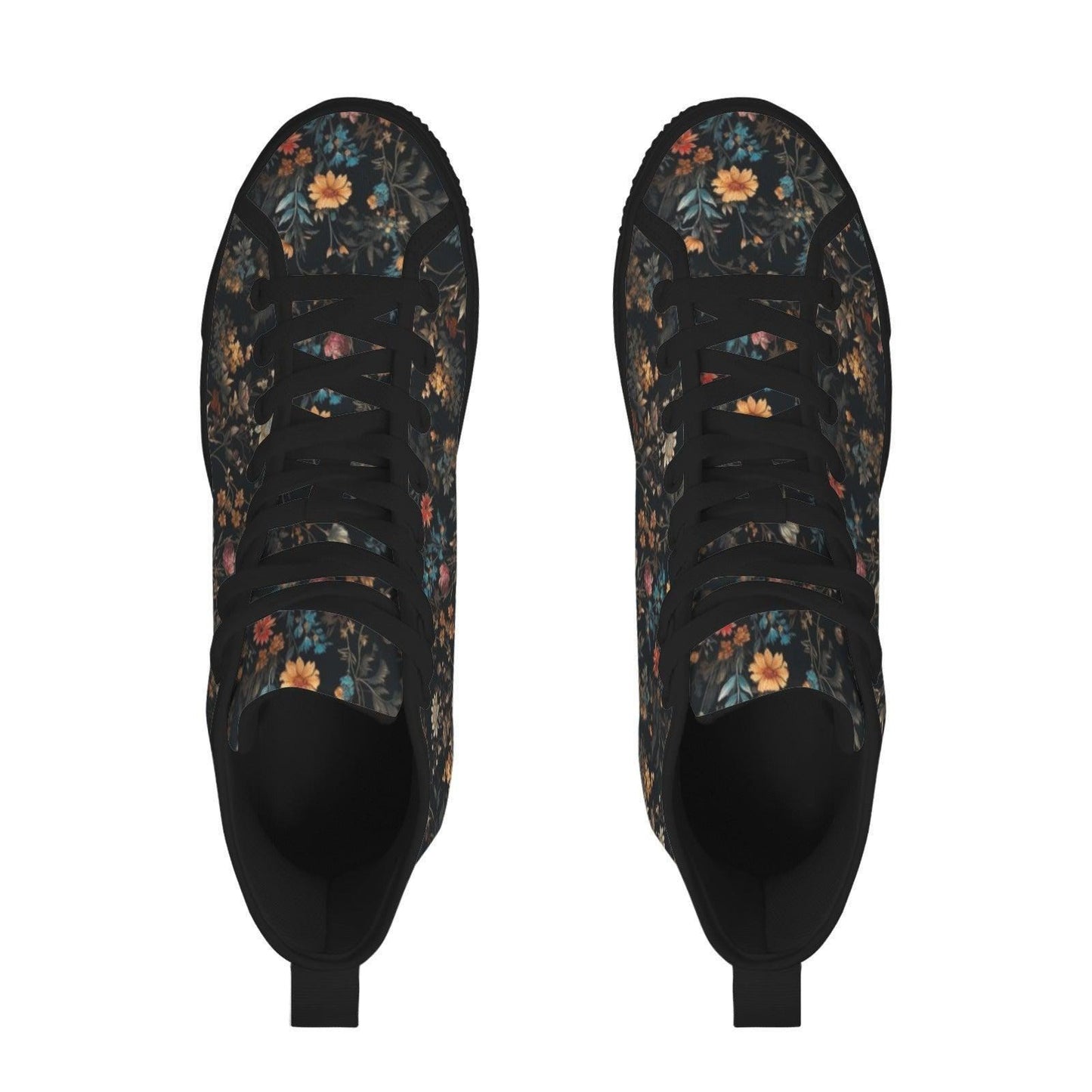 Black High Top Wildflower Sneakers, Meadow Floral Canvas Lace Up Shoes