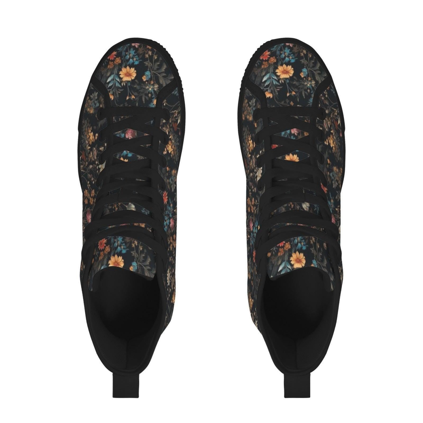 Black High Top Wildflower Sneakers, Meadow Floral Canvas Lace Up Shoes