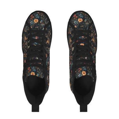 Black High Top Wildflower Sneakers, Meadow Floral Canvas Lace Up Shoes