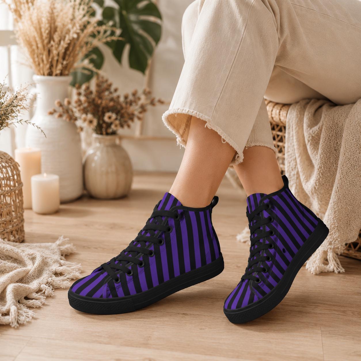 Purple Black Stripe High Top Canvas Sneakers, Gothic Halloween Costume Shoes