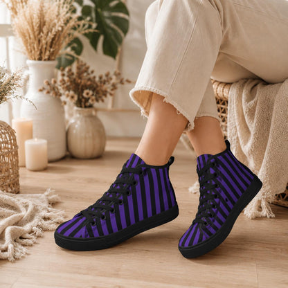 Purple Black Stripe High Top Canvas Sneakers, Gothic Halloween Costume Shoes