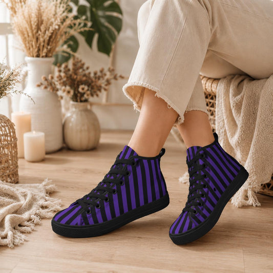 Purple Black Stripe High Top Canvas Sneakers, Gothic Halloween Costume Shoes