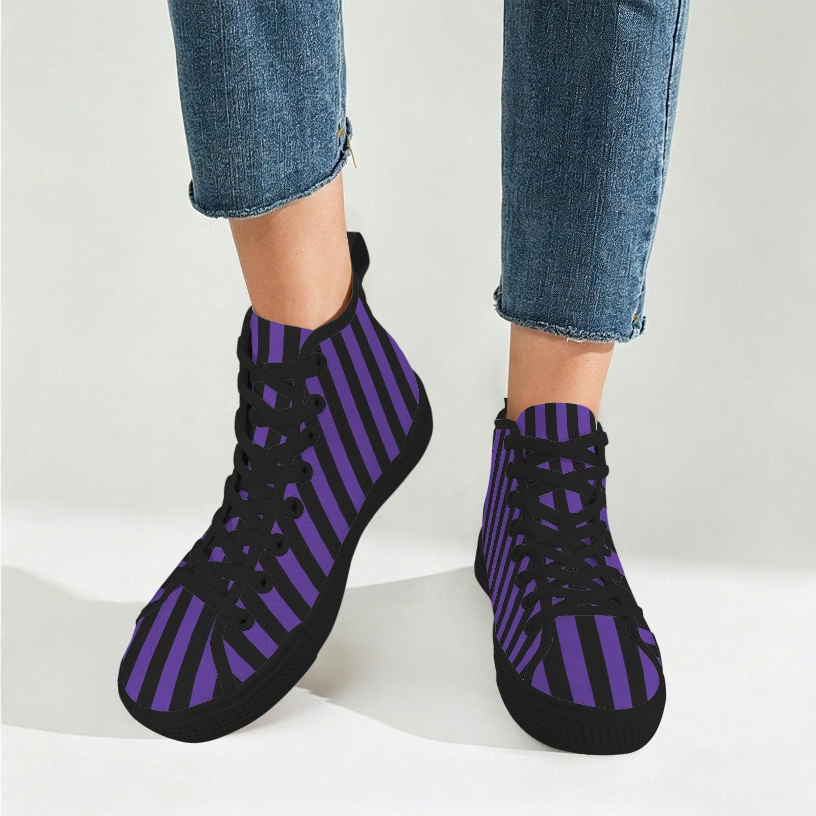Purple Black Stripe High Top Canvas Sneakers, Gothic Halloween Costume Shoes