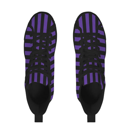 Purple Black Stripe High Top Canvas Sneakers, Gothic Halloween Costume Shoes
