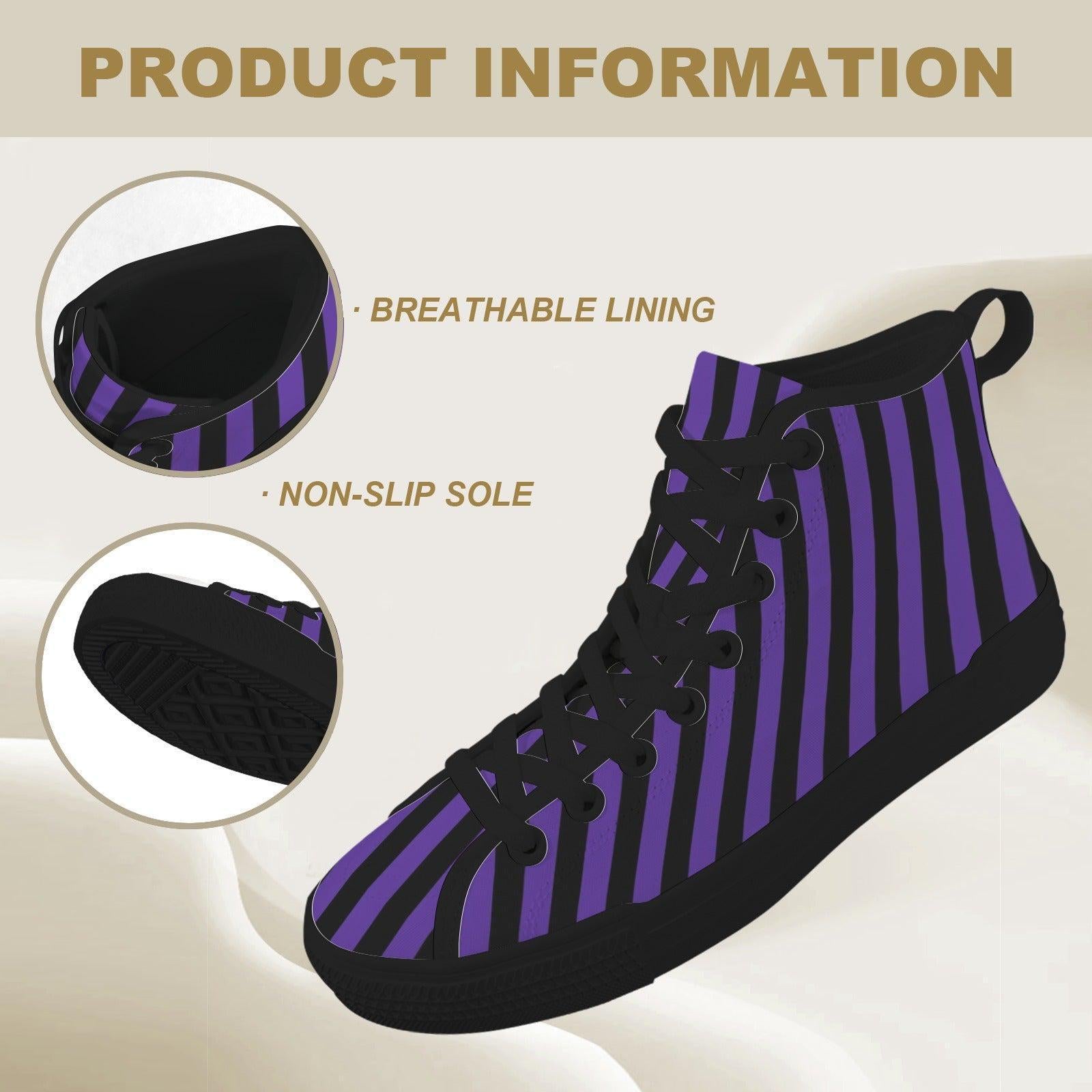 Purple Black Stripe High Top Canvas Sneakers, Gothic Halloween Costume Shoes