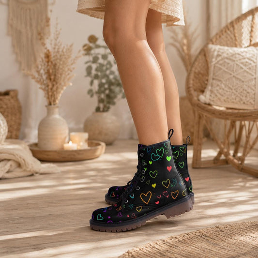 Rainbow Heart Combat Boots, Pastel Pride Lace Up Shoes, Vegan Leather Festival Footwear