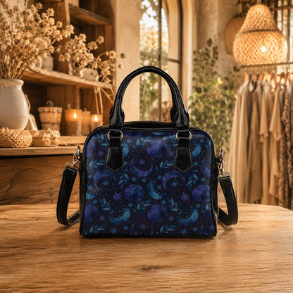 Moon Phase Bowler Bag, Blue Astrology Handbag, Night Sky Shoulder Purse