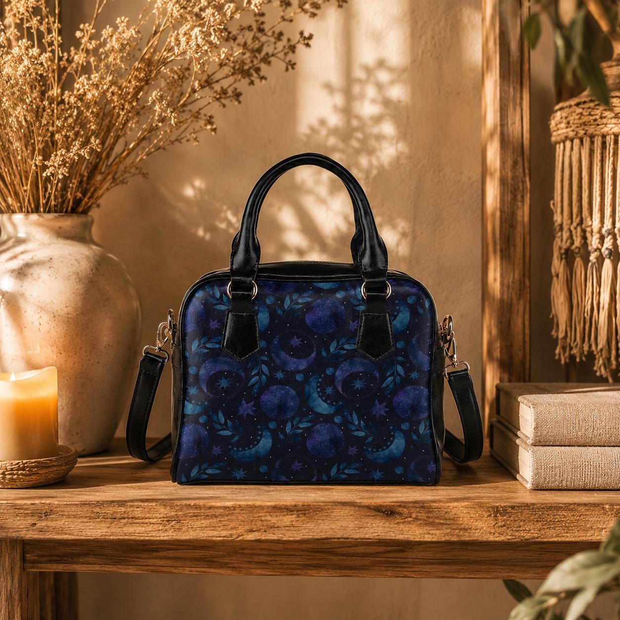 Moon Phase Bowler Bag, Blue Astrology Handbag, Night Sky Shoulder Purse