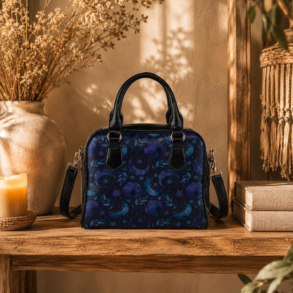 Moon Phase Bowler Bag, Blue Astrology Handbag, Night Sky Shoulder Purse