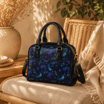 Moon Phase Bowler Bag, Blue Astrology Handbag, Night Sky Shoulder Purse