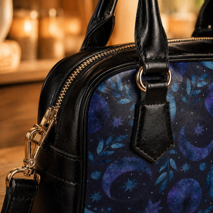 Moon Phase Bowler Bag, Blue Astrology Handbag, Night Sky Shoulder Purse