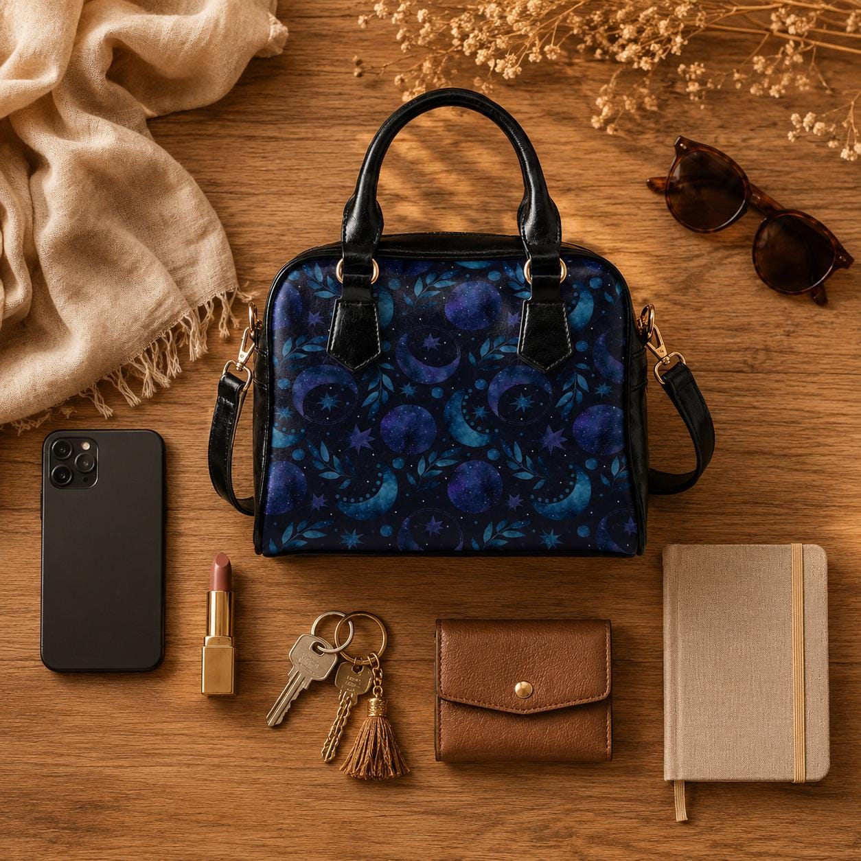 Moon Phase Bowler Bag, Blue Astrology Handbag, Night Sky Shoulder Purse