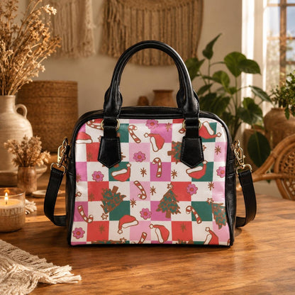 Pink Christmas Purse, Retro Holiday Handbag, Candy Cane Checkerboard Satchel