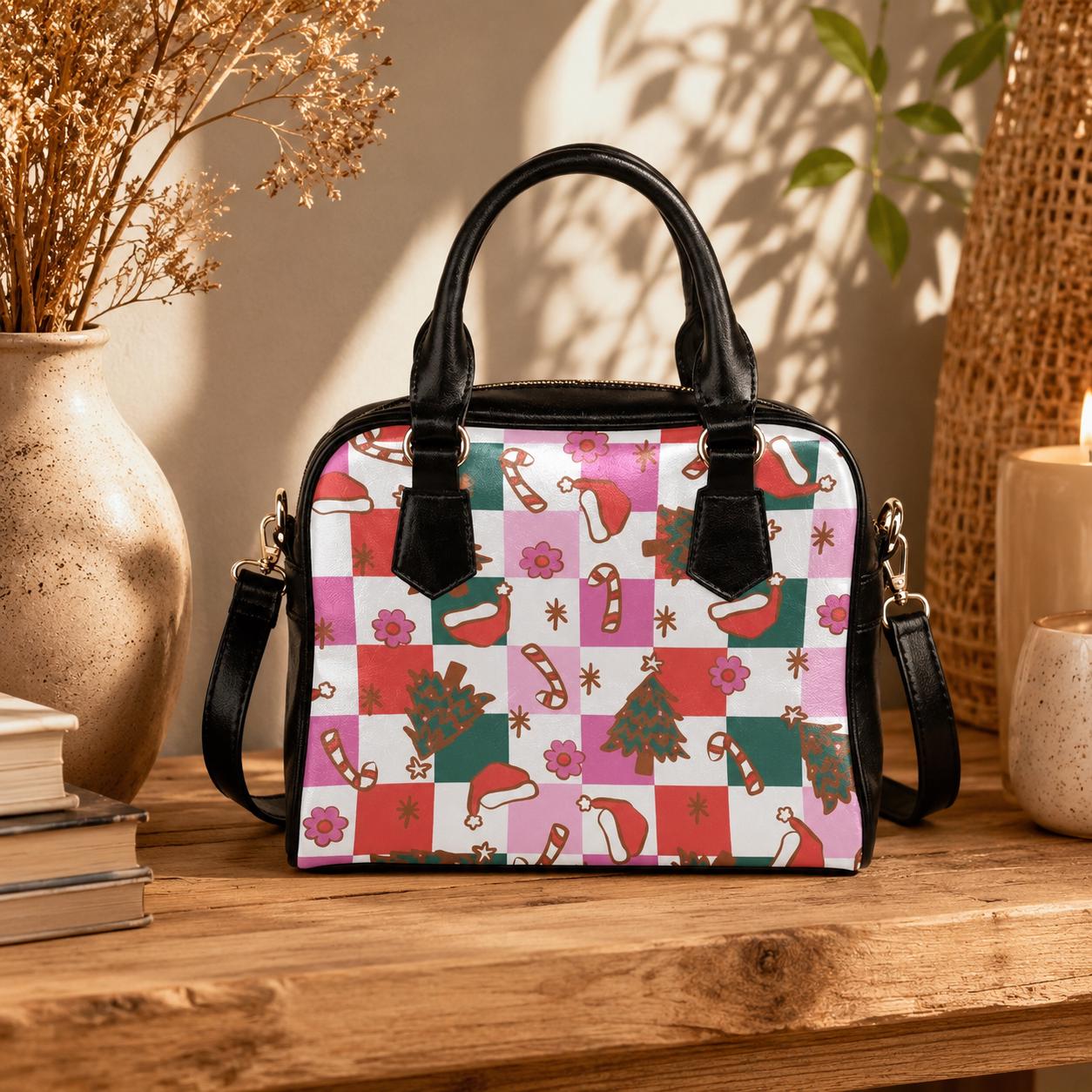 Pink Christmas Purse, Retro Holiday Handbag, Candy Cane Checkerboard Satchel
