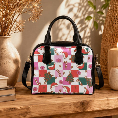 Pink Christmas Purse, Retro Holiday Handbag, Candy Cane Checkerboard Satchel