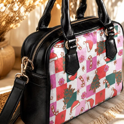 Pink Christmas Purse, Retro Holiday Handbag, Candy Cane Checkerboard Satchel