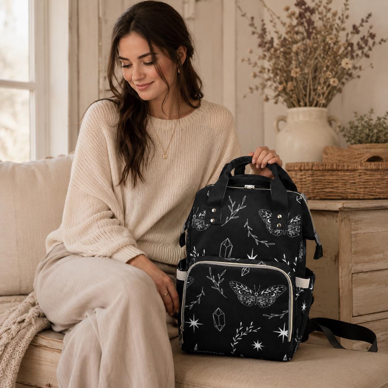 Celestial Butterfly Backpack, Gothic Occult Diaper Bag, Fairycore Mom Organizer, Moon Magic Stylish Bag