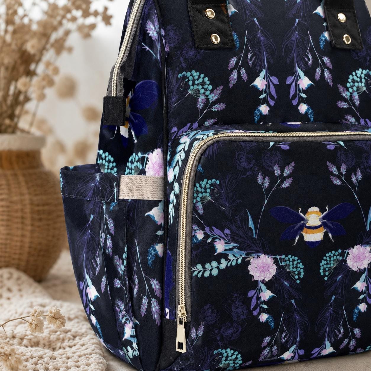 Botanical Bee Diaper Backpack, Floral Mom Bag, Stroller Organizer, Baby Essentials