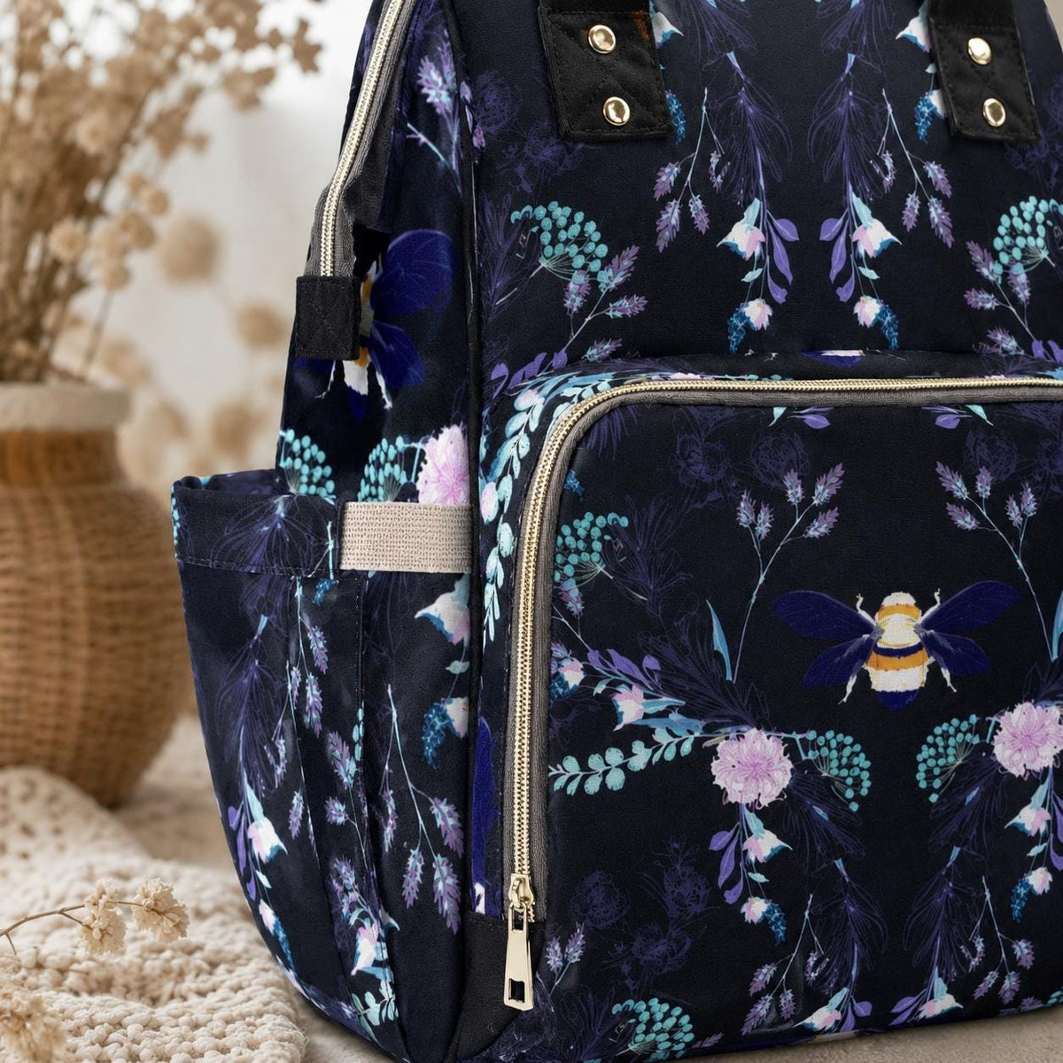 Botanical Bee Diaper Backpack, Floral Mom Bag, Stroller Organizer