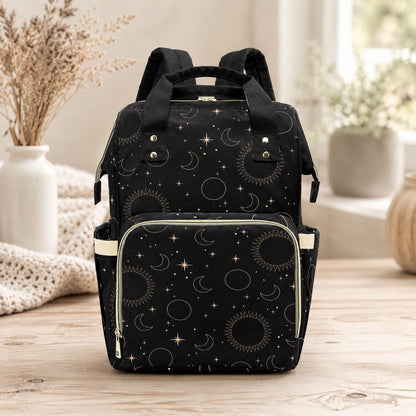 Celestial Diaper Backpack, Moon Star Baby Bag, Black Mom Backpack