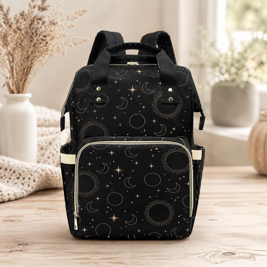 Celestial Diaper Backpack, Moon Star Baby Bag, Black Mom Backpack