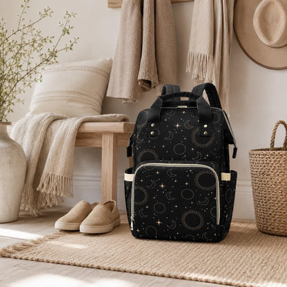 Celestial Diaper Backpack, Moon Star Baby Bag, Black Mom Backpack