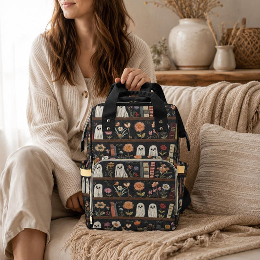 Ghost Diaper Bag Backpack, Bookish Floral Baby Travel Bag, Spooky Mom Stroller Bag