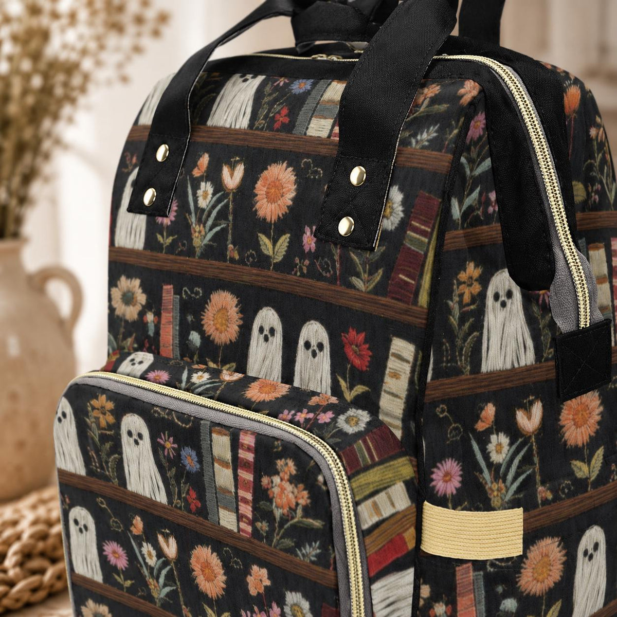 Ghost Diaper Bag Backpack, Bookish Floral Baby Travel Bag, Spooky Mom Stroller Bag