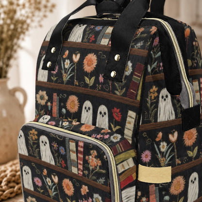 Ghost Diaper Bag Backpack, Bookish Floral Baby Travel Bag, Spooky Mom Stroller Bag