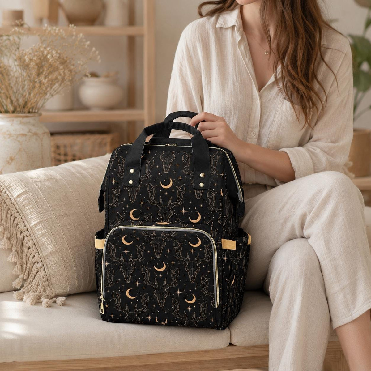 Diaper Bag Backpack, Celestial Deer Print Mom Backpack, Baby Travel Organizer