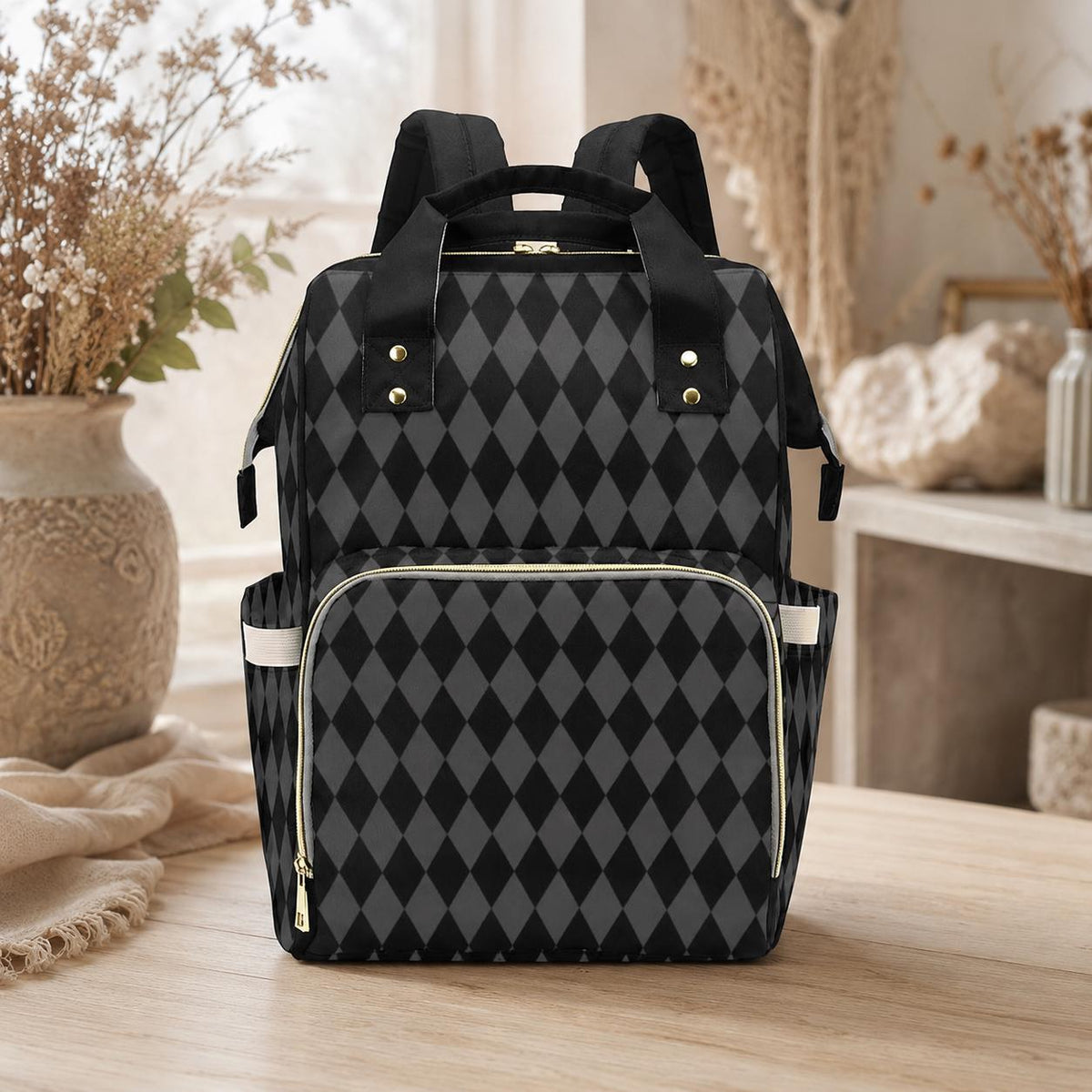 Diaper Bag Backpack in Black Argyle, Neutral Baby Travel Bag, Modern Mom Backpack