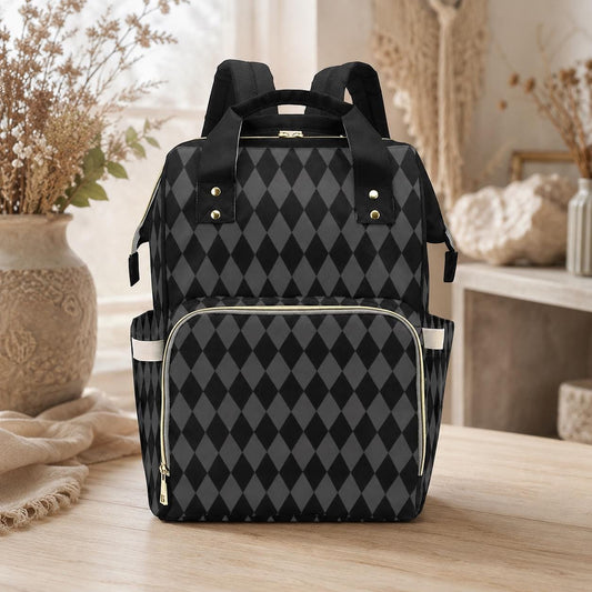 Diaper Bag Backpack in Black Argyle, Neutral Baby Travel Bag, Modern Mom Backpack