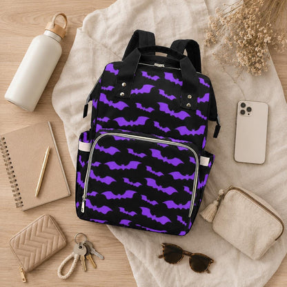 Purple Bat Diaper Bag Backpack, Gothic Baby Travel Bag, Halloween Stroller Bag