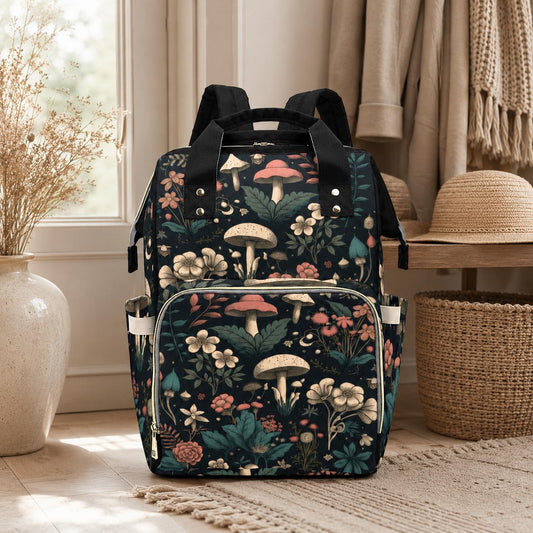 Mushroom Diaper Bag Backpack, Woodland Baby Travel Bag, Floral Mom Backpack