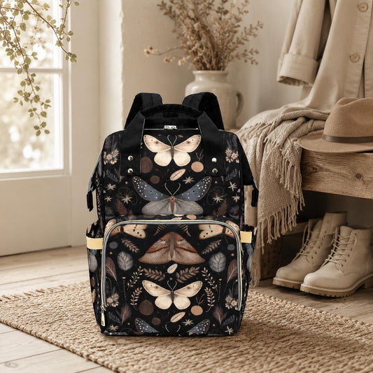 Moth Print Diaper Bag Backpack, Woodland Nursery Bag, Boho Mom Travel Pack