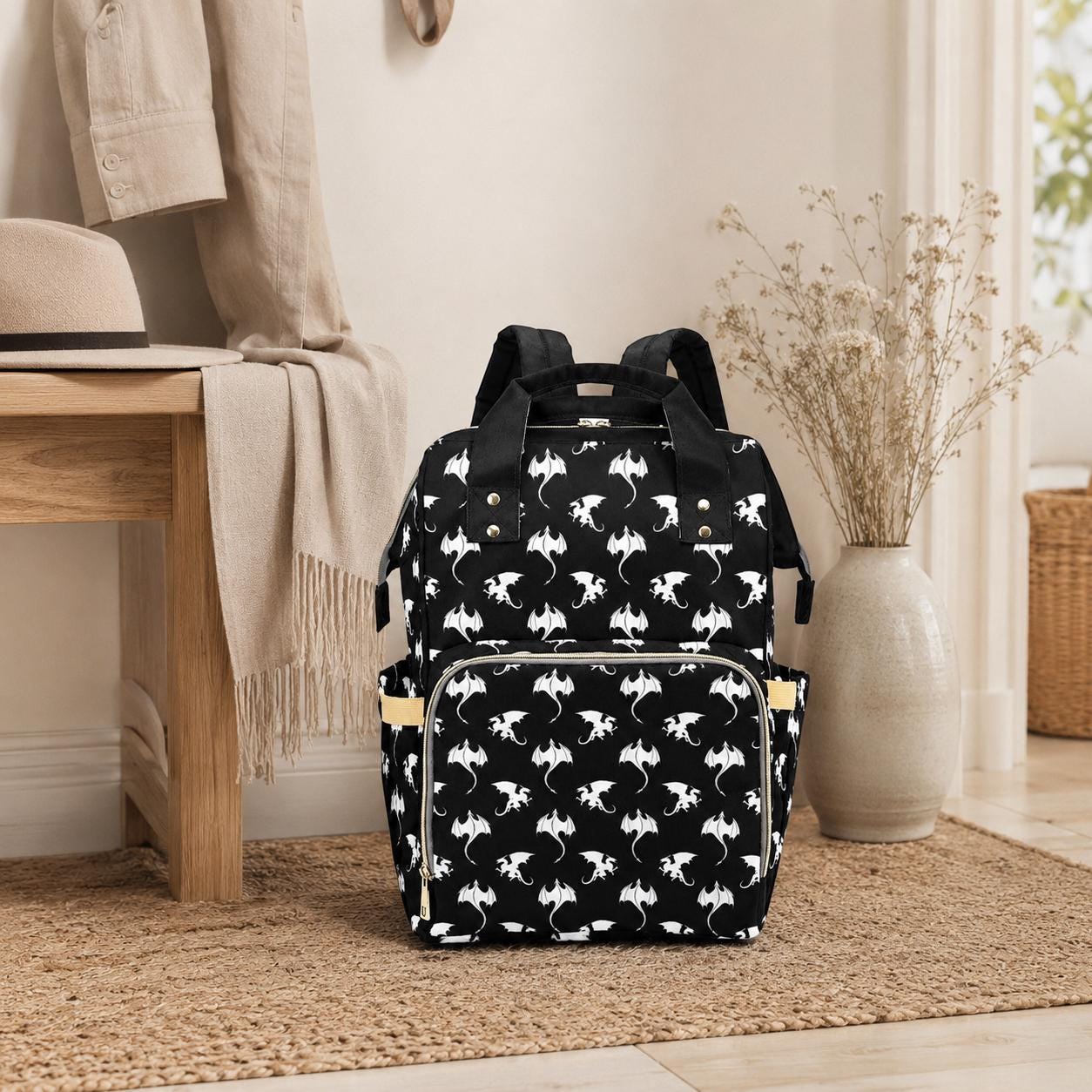Dragon Print Diaper Bag Backpack, Fantasy Mom Bag, Baby Travel Backpack Organizer