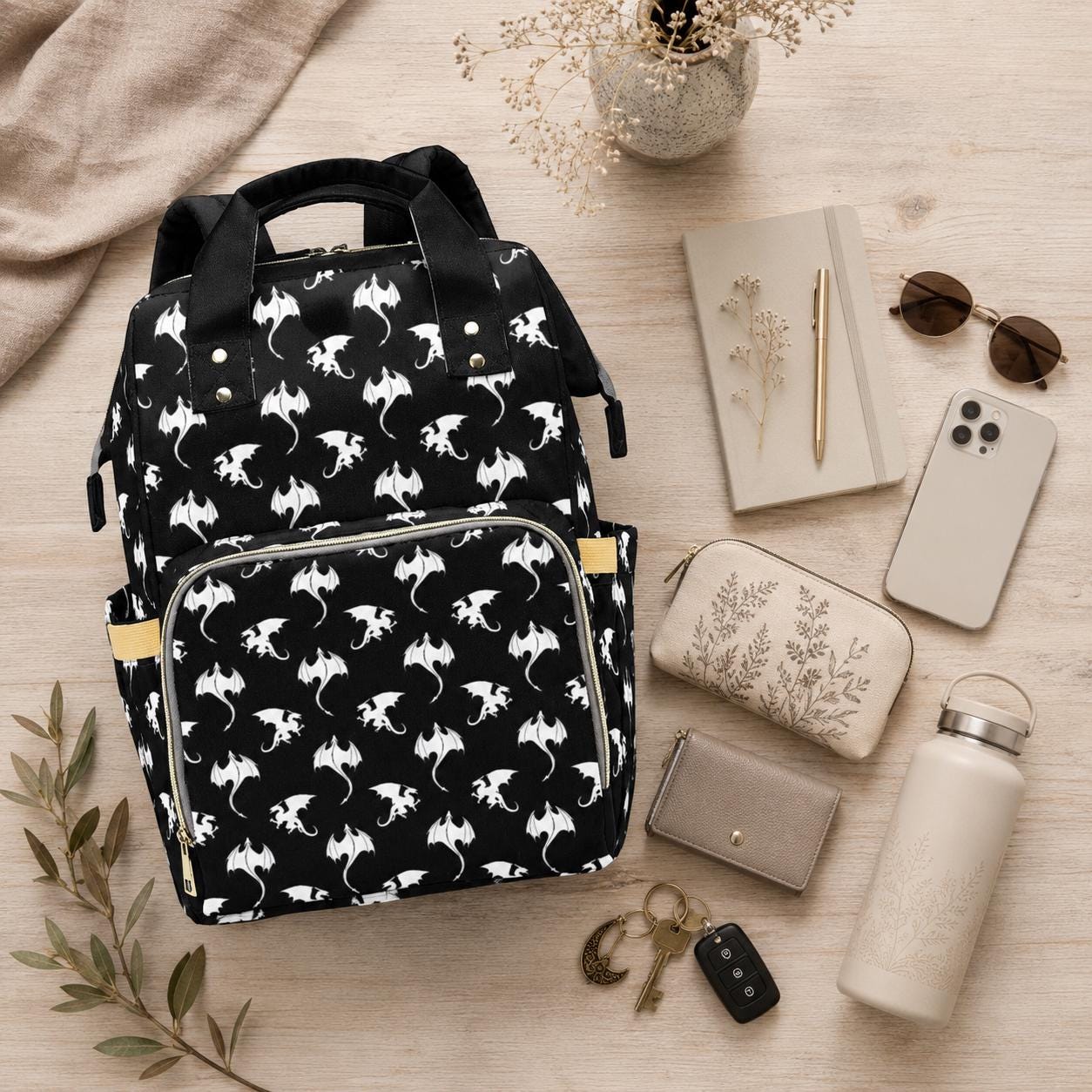 Dragon Print Diaper Bag Backpack, Fantasy Mom Bag, Baby Travel Backpack Organizer