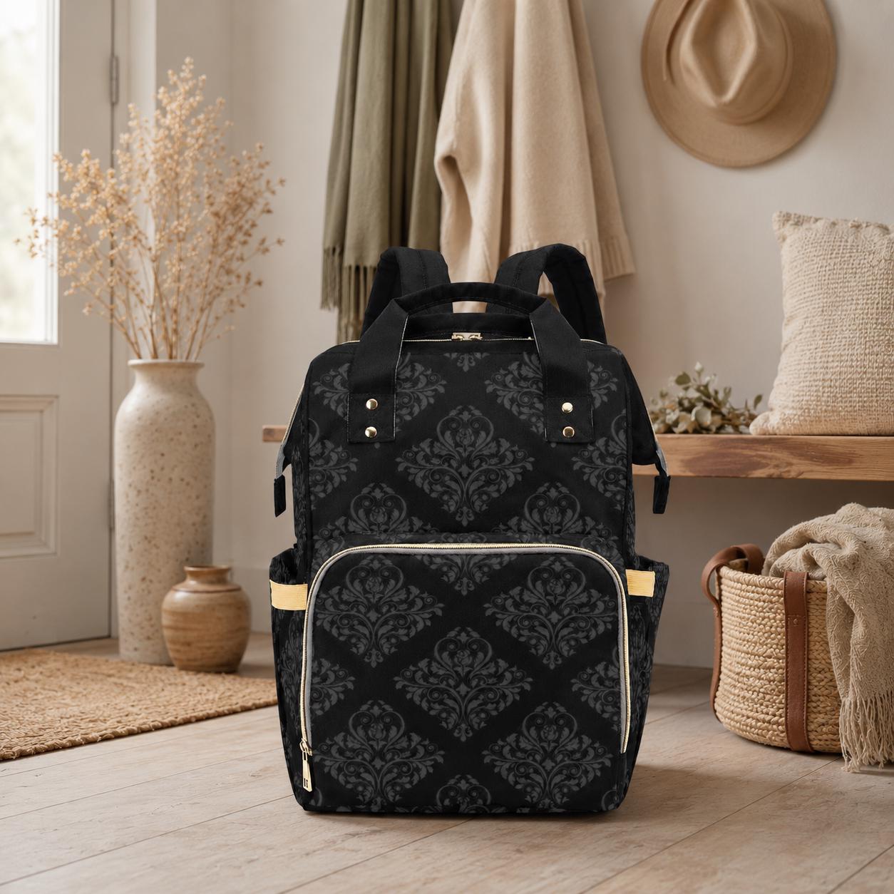 Black Damask Diaper Bag Backpack, Gothic Mom Backpack, Baby Travel Bag Organizer